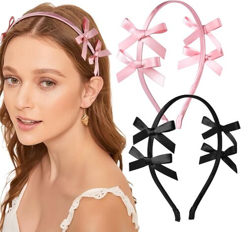 2 PCS Double Ribbon Bow Headband for Women Satin Hair Bows Thin Headband Hair Band Wedding Headband Hair Accessories for Women Girls (Pink&Black) in Saudi Arabia