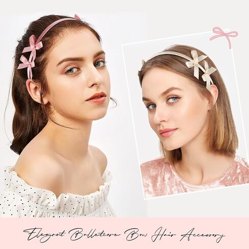 2 PCS Double Ribbon Bow Headband for Women Satin Hair Bows Thin Headband Hair Band Wedding Headband Hair Accessories for Women Girls (Pink&Black) in Saudi Arabia