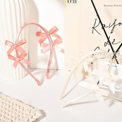 2 PCS Double Ribbon Bow Headband for Women Satin Hair Bows Thin Headband Hair Band Wedding Headband Hair Accessories for Women Girls (Pink&Black) in Saudi Arabia