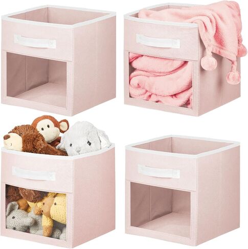 mDesign Fabric Nursery/Playroom Closet Storage Organizer Bin Box with Front Handle/Window for Cube Furniture Shelving Units, Hold Toys, Clothes, Diapers, Bibs, Jane Collection, 4 Pack - Pink/White in Saudi Arabia