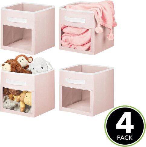 mDesign Fabric Nursery/Playroom Closet Storage Organizer Bin Box with Front Handle/Window for Cube Furniture Shelving Units, Hold Toys, Clothes, Diapers, Bibs, Jane Collection, 4 Pack - Pink/White in Saudi Arabia