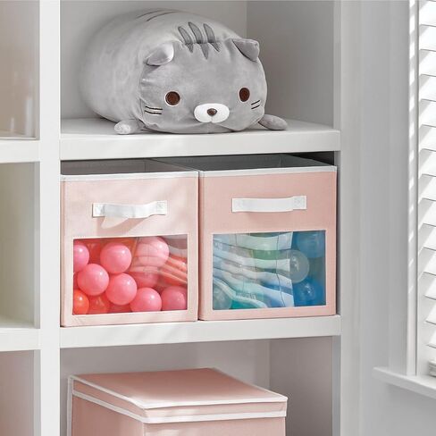 mDesign Fabric Nursery/Playroom Closet Storage Organizer Bin Box with Front Handle/Window for Cube Furniture Shelving Units, Hold Toys, Clothes, Diapers, Bibs, Jane Collection, 4 Pack - Pink/White in Saudi Arabia