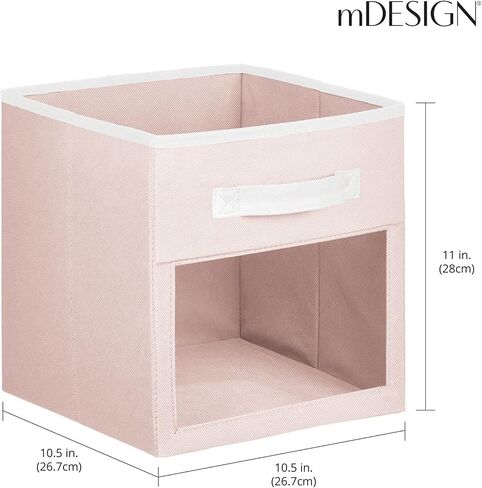 mDesign Fabric Nursery/Playroom Closet Storage Organizer Bin Box with Front Handle/Window for Cube Furniture Shelving Units, Hold Toys, Clothes, Diapers, Bibs, Jane Collection, 4 Pack - Pink/White in Saudi Arabia