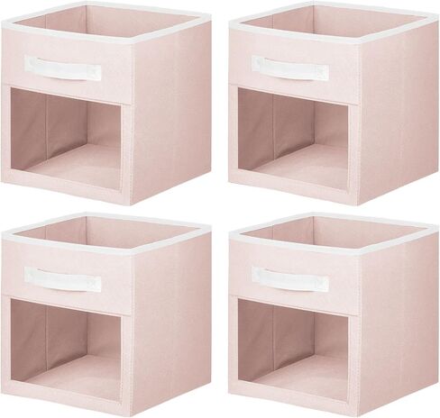 mDesign Fabric Nursery/Playroom Closet Storage Organizer Bin Box with Front Handle/Window for Cube Furniture Shelving Units, Hold Toys, Clothes, Diapers, Bibs, Jane Collection, 4 Pack - Pink/White in Saudi Arabia