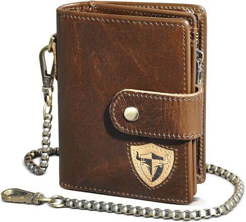 Oil Wax Genuine Leather Travel Gift Coin Pocket Card Case Vertical Chain Rfid Wallet Purse With Snap For Men Male 1805 (1805 Coffee) in Saudi Arabia