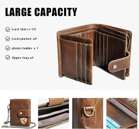 Oil Wax Genuine Leather Travel Gift Coin Pocket Card Case Vertical Chain Rfid Wallet Purse With Snap For Men Male 1805 (1805 Coffee) in Saudi Arabia