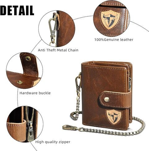 Oil Wax Genuine Leather Travel Gift Coin Pocket Card Case Vertical Chain Rfid Wallet Purse With Snap For Men Male 1805 (1805 Coffee) in Saudi Arabia
