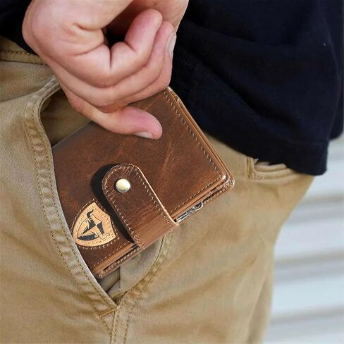 Oil Wax Genuine Leather Travel Gift Coin Pocket Card Case Vertical Chain Rfid Wallet Purse With Snap For Men Male 1805 (1805 Coffee) in Saudi Arabia