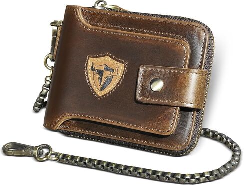 Oil Wax Genuine Leather Travel Gift Coin Pocket Card Case Vertical Chain Rfid Wallet Purse With Snap For Men Male 1805 (1805 Coffee) in Saudi Arabia