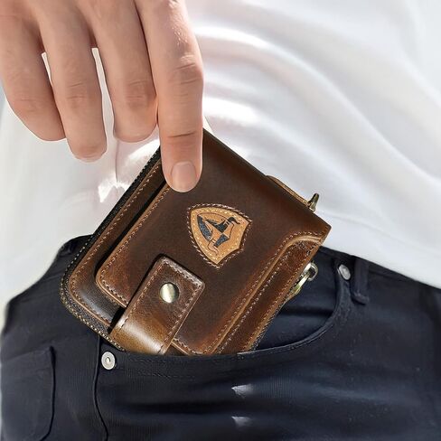 Oil Wax Genuine Leather Travel Gift Coin Pocket Card Case Vertical Chain Rfid Wallet Purse With Snap For Men Male 1805 (1805 Coffee) in Saudi Arabia