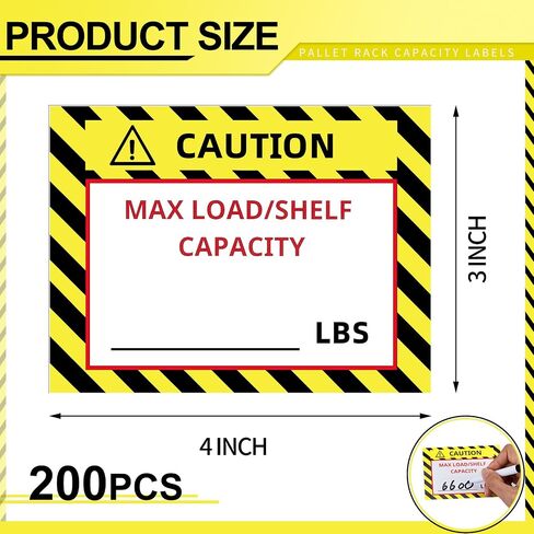 200 Pcs Pallet Rack Capacity Labels 3 x 4 Inches Pallet Racking Caution Max Load Shelf LBS Warning Stickers Bright PVC Industrial Strength Sticker Warehouse Safety Forklift Cross Beam Safety in Saudi Arabia