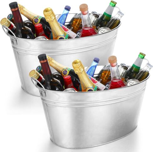2 PCS Galvanized Beverage Tubs Metal Drink Buckets for Parties 6.3 Gallon Large Insulated Galvanized Oval Ice Bucket with Handles Rustic Storage Container for Parties Beer Drinks, Silver in Saudi Arabia