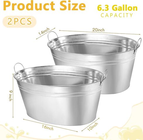 2 PCS Galvanized Beverage Tubs Metal Drink Buckets for Parties 6.3 Gallon Large Insulated Galvanized Oval Ice Bucket with Handles Rustic Storage Container for Parties Beer Drinks, Silver in Saudi Arabia