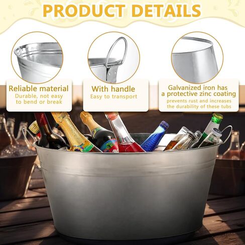2 PCS Galvanized Beverage Tubs Metal Drink Buckets for Parties 6.3 Gallon Large Insulated Galvanized Oval Ice Bucket with Handles Rustic Storage Container for Parties Beer Drinks, Silver in Saudi Arabia