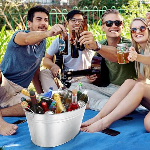 2 PCS Galvanized Beverage Tubs Metal Drink Buckets for Parties 6.3 Gallon Large Insulated Galvanized Oval Ice Bucket with Handles Rustic Storage Container for Parties Beer Drinks, Silver in Saudi Arabia