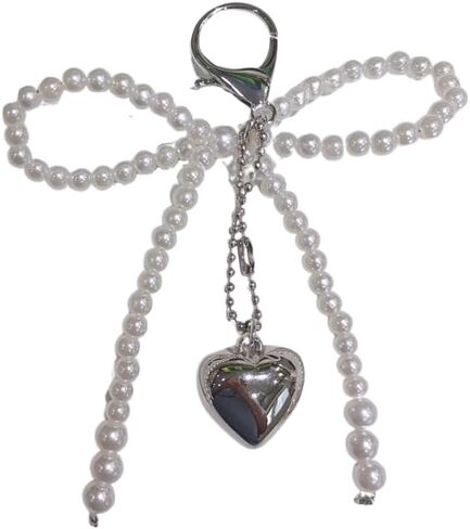Silver Heart Pearl Bow Keychain Y2k Bowknot Keyring Sweet Bag Car Keys Charms Accessories for Women Girls in Saudi Arabia