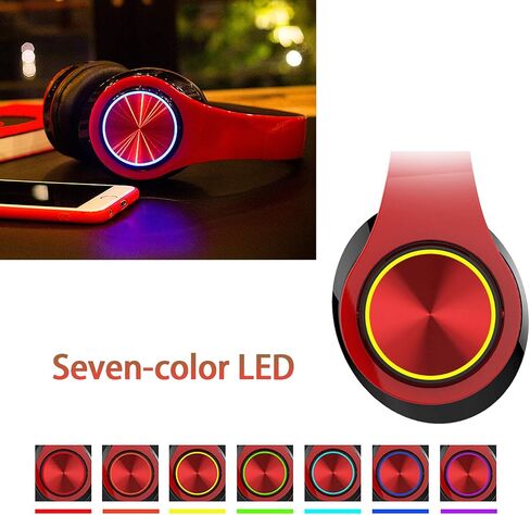 سماعات رأس بلوتوث لاسلكية مع أضواء LED ملونة، ميكروفون مدمج، خفيفة الوزن، قابلة للطي، سماعات ستيريو هاي فاي سلكية للفصل الدراسي/المكتب المنزلي/الكمبيوتر الشخصي/الهاتف المحمول/الأطفال البالغين (أحمر أسود) in Kuwait