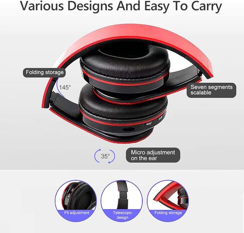سماعات رأس بلوتوث لاسلكية مع أضواء LED ملونة، ميكروفون مدمج، خفيفة الوزن، قابلة للطي، سماعات ستيريو هاي فاي سلكية للفصل الدراسي/المكتب المنزلي/الكمبيوتر الشخصي/الهاتف المحمول/الأطفال البالغين (أحمر أسود) in Kuwait