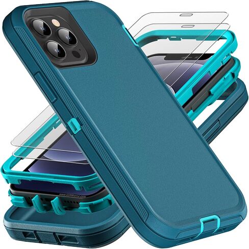 for iPhone 12 Case/iPhone 12 Pro Case, Military Grade 3 in 1 Heavy Duty Shockproof/Drop Proof/Dust Proof Case with 2Pcs Tempered Glass Screen Protector (Black/Grey) in Kuwait