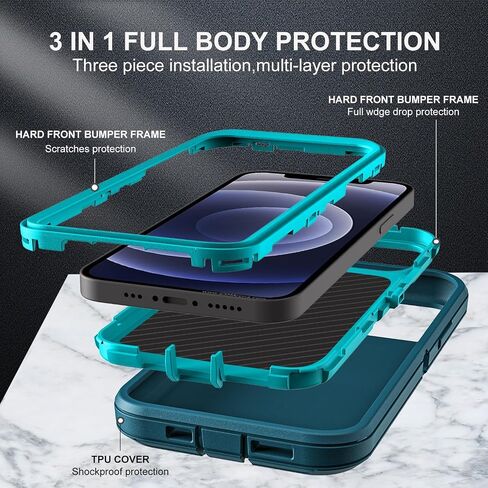 for iPhone 12 Case/iPhone 12 Pro Case, Military Grade 3 in 1 Heavy Duty Shockproof/Drop Proof/Dust Proof Case with 2Pcs Tempered Glass Screen Protector (Black/Grey) in Kuwait