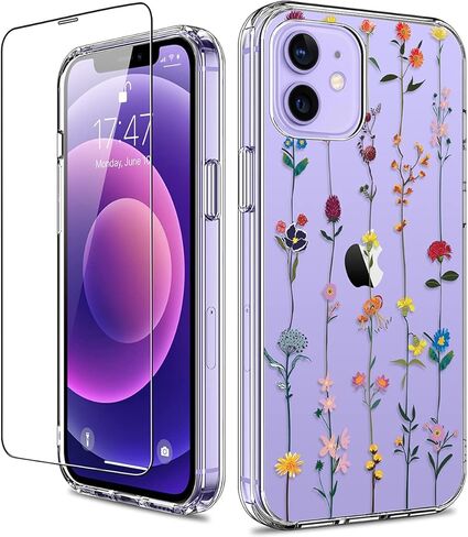 GiiKa for iPhone 12 Case, iPhone 12 Pro Case with Screen Protector, Clear Full Body Protective Floral Girls Women Shockproof Hard Case with TPU Bumper Cover Phone Case for iPhone 12, Small Flowers in Kuwait