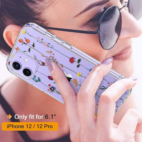 GiiKa for iPhone 12 Case, iPhone 12 Pro Case with Screen Protector, Clear Full Body Protective Floral Girls Women Shockproof Hard Case with TPU Bumper Cover Phone Case for iPhone 12, Small Flowers in Kuwait
