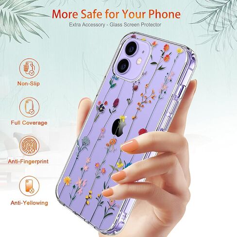 GiiKa for iPhone 12 Case, iPhone 12 Pro Case with Screen Protector, Clear Full Body Protective Floral Girls Women Shockproof Hard Case with TPU Bumper Cover Phone Case for iPhone 12, Small Flowers in Kuwait