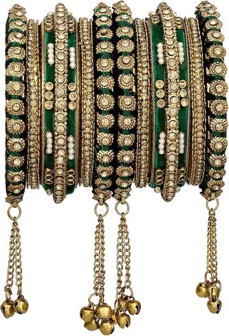 Aheli Wedding Party Designer Faux Stone Studded Bridal Bangle Set Chuda with Hangings Indian Traditional Bangles Ethnic Fashion Jewelry for Women Blue in Saudi Arabia