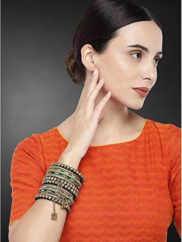 Aheli Wedding Party Designer Faux Stone Studded Bridal Bangle Set Chuda with Hangings Indian Traditional Bangles Ethnic Fashion Jewelry for Women Blue in Saudi Arabia