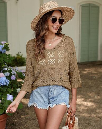 Bluetime Women Off Shoulder Tops Casual 3/4 Sleeve Hollow Out Crochet Sweaters Lightweight Oversized Knit Tops in Saudi Arabia