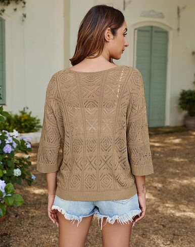 Bluetime Women Off Shoulder Tops Casual 3/4 Sleeve Hollow Out Crochet Sweaters Lightweight Oversized Knit Tops in Saudi Arabia