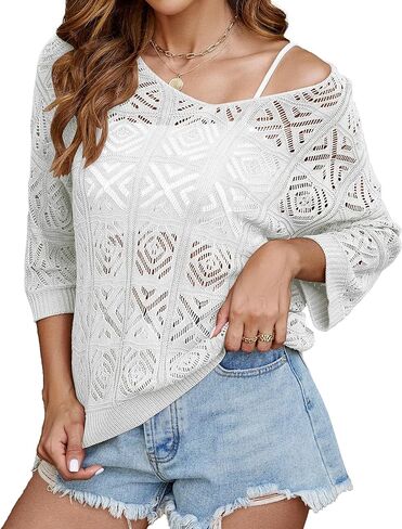 Bluetime Women Off Shoulder Tops Casual 3/4 Sleeve Hollow Out Crochet Sweaters Lightweight Oversized Knit Tops in Saudi Arabia