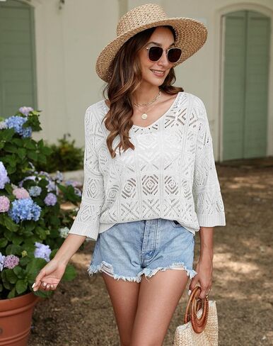 Bluetime Women Off Shoulder Tops Casual 3/4 Sleeve Hollow Out Crochet Sweaters Lightweight Oversized Knit Tops in Saudi Arabia