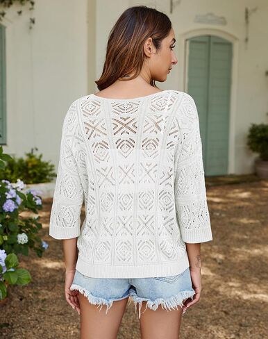 Bluetime Women Off Shoulder Tops Casual 3/4 Sleeve Hollow Out Crochet Sweaters Lightweight Oversized Knit Tops in Saudi Arabia