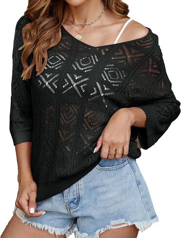 Bluetime Women Off Shoulder Tops Casual 3/4 Sleeve Hollow Out Crochet Sweaters Lightweight Oversized Knit Tops in Saudi Arabia
