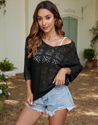 Bluetime Women Off Shoulder Tops Casual 3/4 Sleeve Hollow Out Crochet Sweaters Lightweight Oversized Knit Tops in Saudi Arabia