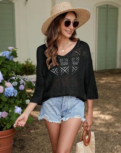 Bluetime Women Off Shoulder Tops Casual 3/4 Sleeve Hollow Out Crochet Sweaters Lightweight Oversized Knit Tops in Saudi Arabia