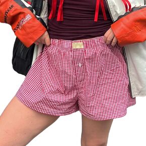 Women Y2k Pajamas Shorts Gingham Boxers Plaid Print Lounge Shorts Elastic Low Rise Sleep Bottoms Yoga Gym Pj Short