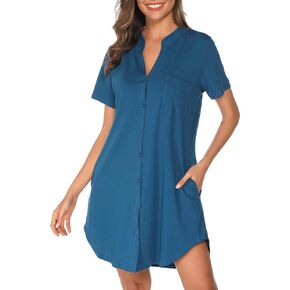 Vlazom Nighties for Women, Ladies Button Down Nightgown Short Sleeves Soft Casual Nightshirt Pajama Dress with Pocket S-XXL