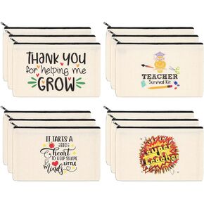 PARBEE Teacher Gift Makeup Bag, 12PCS Canvas Cosmetic Pouch Zippered Toiletry Bags Case, Appreciation Gifts for Teachers