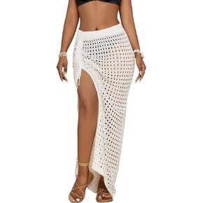 Bsubseach Crochet Cover Up Skirt 2024 Knit Drawstring Long Coverups for Swimwear Women Elastic Waist Beach Wrap S-L