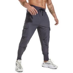 Mens Lightweight Gym Jogger Pants, Workout Cuffed Sweatpants with Multiple Pockets Outdoor Trousers Relaxed Fit