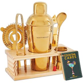 Mixology Bartender Kit - 8-Piece Gold Cocktail Shaker Set with Pine Wood Stand, Recipe Cards, and Bar Accessories Ideas in Saudi Arabia