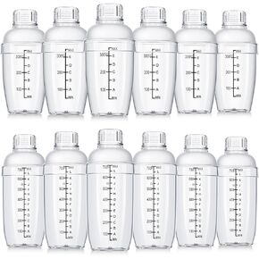 Lallisa 12 Pcs Plastic Cocktail Shaker Drink Mixer with Scales and Strainer Top Clear Shaker Cup with Measurements Plastic Shaker Bottle Bar Mixing Tool for Tea Coffee Boba Milk (350 cc/ 12 oz)