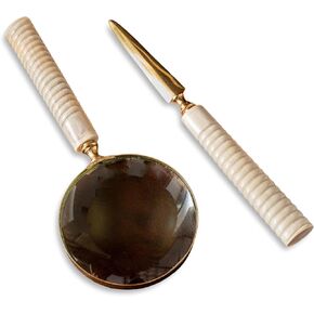 India Handicrafts 20329 Ribbed Natural Horn Handle Ivory 10 Inch Magnifying Hand-Held Reading Glass and Letter Opener Set