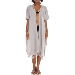 SHU-SHI Womens Kimono Cardigan Fringe Swimwear Robe Beach Cover Up Open Front Solid Color
