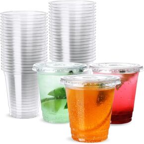 8oz Plastic Cups with Lids 100 Pack, Disposable Clear Cups with Straw Slot Lids for Lemonade Coffee Smoothie Cold Drink Containers To-go Cups