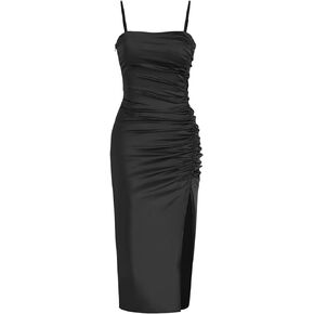 CIDER Solid Satin Ruched Split Midi Cami Dress