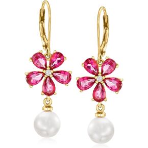 Ross-Simons 7.5-8mm Cultured Pearl and .90 ct. t.w. Pink Topaz Flower Drop Earrings With White Topaz Accents in 18kt Gold Over Sterling