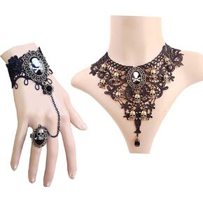 2PCS Choker Lace Necklace with Bracelet Set Punk Party Gothic Vintage Handmade Victorian Steampunk Retro Gears Lace Vampire Bracelet Wristband for Halloween Easter –GS066 + Y431